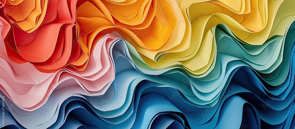 Poster various multicolored paper strips have been folded into wave-like patterns, creating a dynamic and v