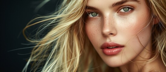 Beautiful young woman with long blonde hair and striking green eyes posing gracefully - obrazy, fototapety, plakaty