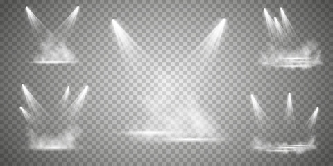 Stage with directional light on transparent background, white light, empty stage and studio room with floating smoke. For product demonstrations.	