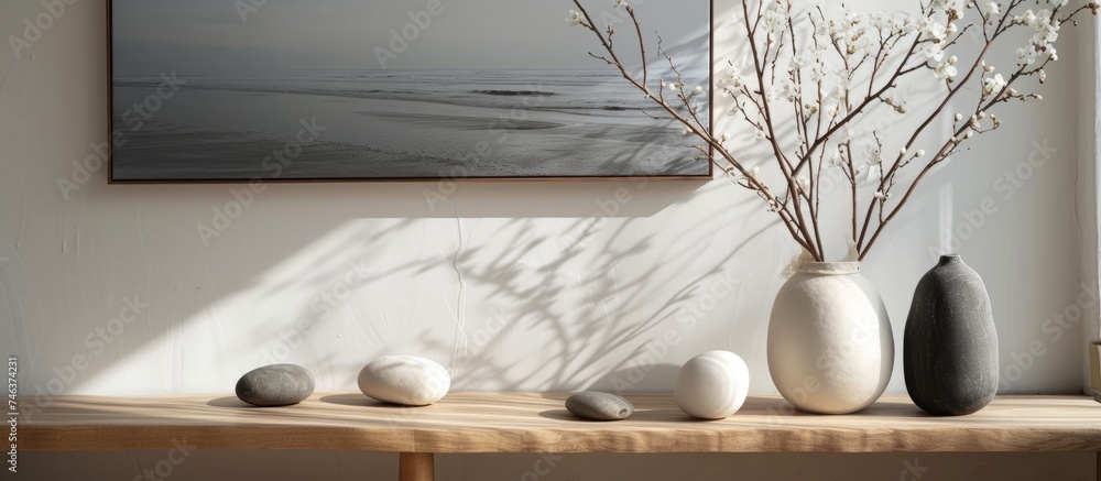 Wall mural Elegant vase with delicate white flowers on a branch for interior decoration