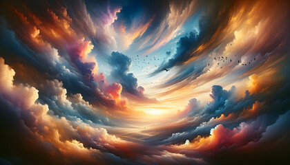 breathtaking sunset with dynamic and vivid cloud formations stretching across the sky - obrazy, fototapety, plakaty