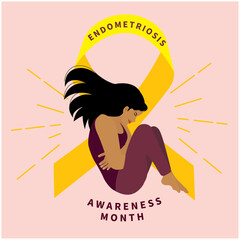 woman suffer pain on endometriosis in front of yellow ribbon