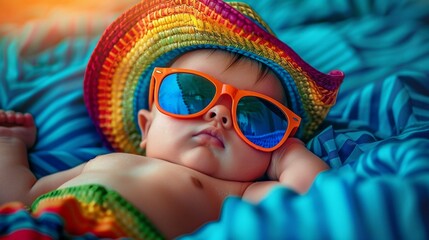 Photography of adorable beautiful positive baby wearing colorful stylish panama and summer glasses having fun generative AI.