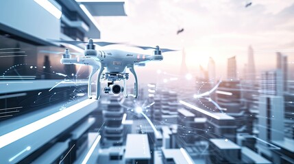 Drone flies over the city in cyberpunk style icon. Antidesign, surveillance, propellers, gadget, information collection, fog, skyscrapers, technology, quadcopter. Generated by AI - obrazy, fototapety, plakaty