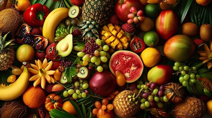Naklejka na ściany i meble Table of fruits and berries icon. Mango, banana, pineapple, watermelon, nectorine, avocado, bell pepper, grapes, coconut. Generated by AI