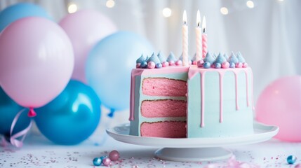 Slice of cake with pink icing, balls and balloons