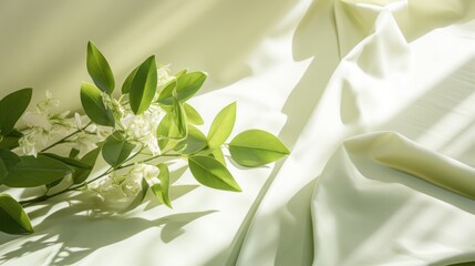 Fototapeta premium Bright spring background with copy space, green leaves and shadows on textile background
