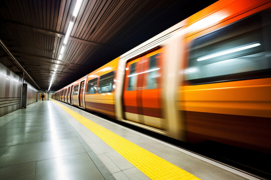 Express train in business center with motion blurred background