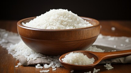 White rice in wooden bowl and wooden spoon with cooked rice on wooden background