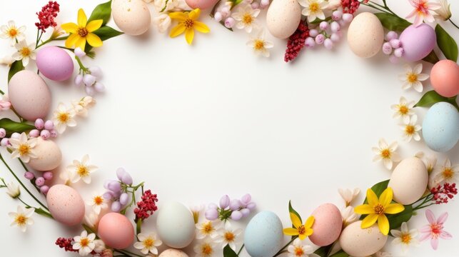 Flat lay frame with easter eggs and spring flowers  on white background