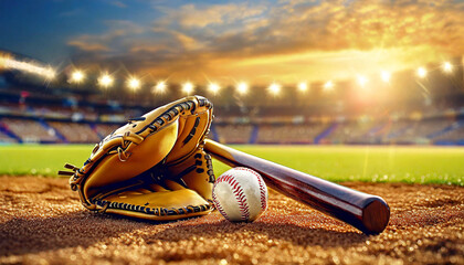 Close-up of a leather baseball glove, baseball ball and wooden baseball bat on a baseball field with blurred stadium in the background. Generative Ai.