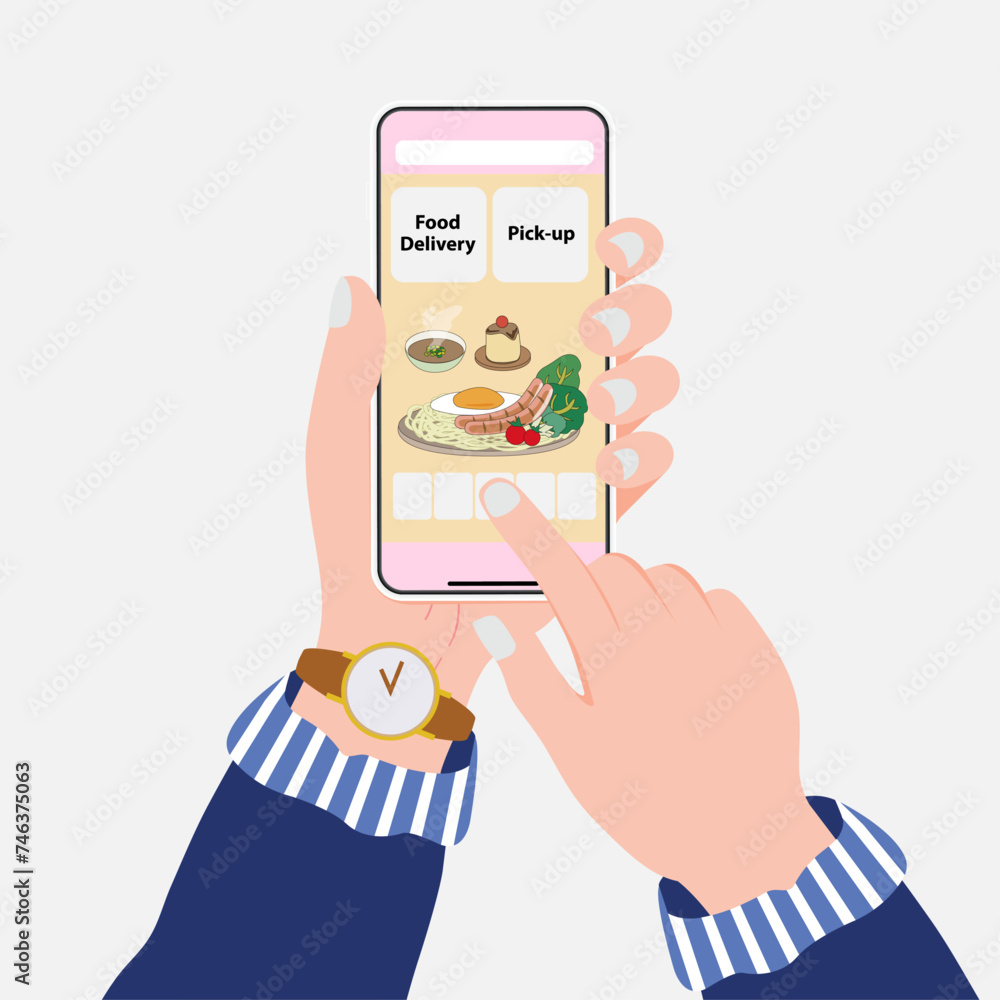 Poster hand holding smartphone displaying a mobile app for ordering food online and delivery from a app and