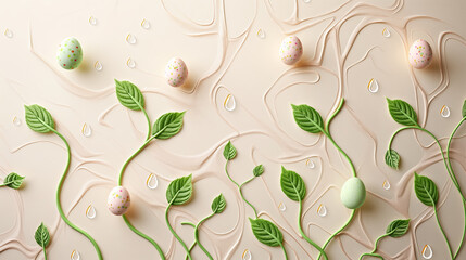 wall decor Easter eggs and green leaves against soft pink background