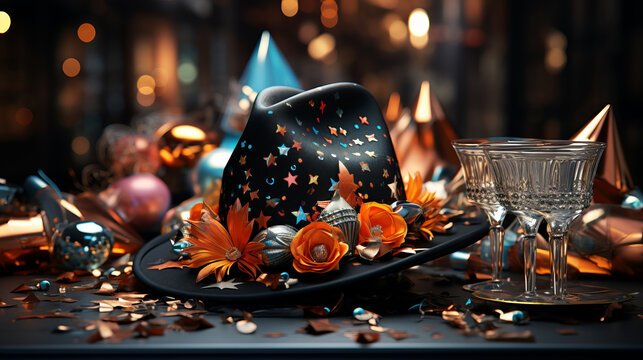 A stylish party hat lying on the table the blurred festive lights backdrop.