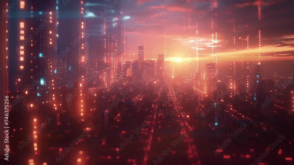 Poster bright neon lights illuminate a darkened cityscape with a grid of numbers and symbols projected onto