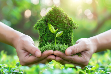 Little moss house and a budding plant held in hands. Sustainability and eco-awareness. Care for the environment, stop global warming, save the planet. 