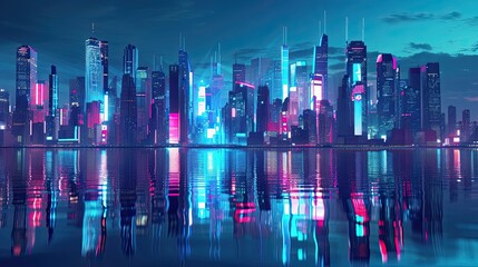 Abstract futuristic metropolis icon. Urban, city, skyline, futuristic, metropolis, hightech, holographic, billboards, skyscrapers, glowing, illuminated, night, technology. Generated by AI
