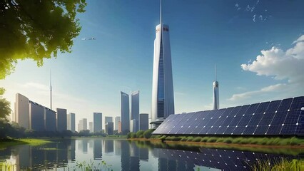 Modern urban landscape featuring solar panels, skyscrapers, and a serene lake. The video captures sustainability, innovation, and harmony with nature. Ideal for eco projects, real estate advertising, 