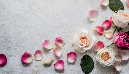 Rose petals spread around on textured white marble background. Valentine's day, mother's and women's day concept. copy space for your text