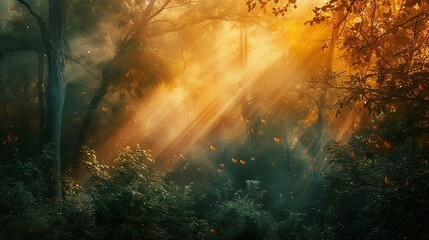 Abstract forest in sun rays icon. Luminous, streaming, woodland, sunlight, rays, trees, nature, sunny, landscape, forest floor, lush. Generated by AI