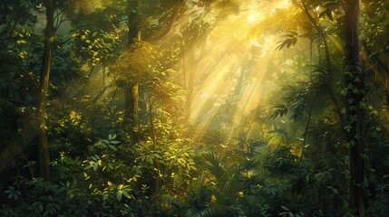 Abstract forest in sun rays icon. Warm, forest, sunlight, beams, trees, nature, sunlight, sunny, landscape, lush, taiga, leaves, animals.. Generated by AI