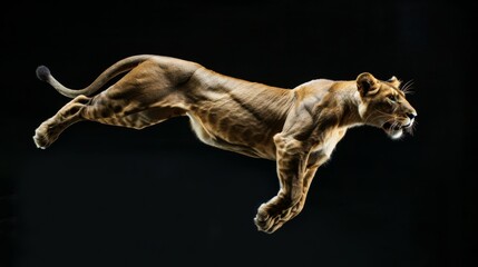 Obraz na płótnie Canvas Lion jump on a black background. Flying animal.