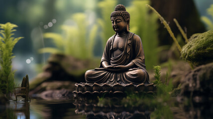 Serene Buddha statue meditating in a tranquil forest setting.