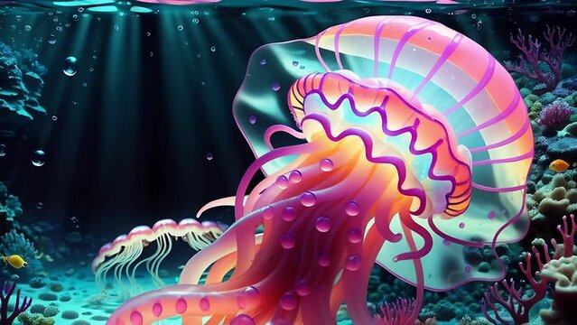Pink jellyfish with water droplets on its tentacles floats in dark water. Perfect for design, meditation, and scientific projects. Dive into the underwater realm of mystery and beauty.
