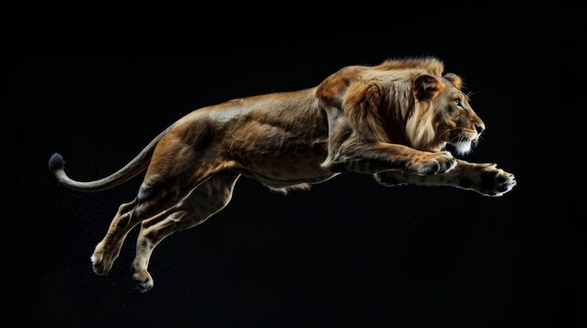 Lion jump on a black background. Flying animal.