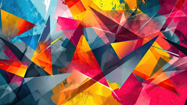 Abstract background from triangles. Simple figures, mosaic, colorful, cubism, style, fine art, angle, leg, psychedelic, vintage. Generated by AI.