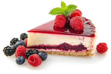 Piece of cheesecake with berries and mint isolated on white background
