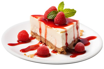 Piece of cheesecake with berries and mint isolated on white background