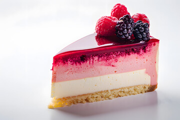 Piece of cheesecake with berries and mint isolated on white background