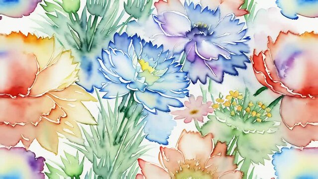 Bright watercolor-style video featuring vibrant flowers, green grass. Perfect for design, advertising natural products, or inspirational projects. Transport your audience into a world of natural beaut