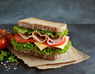 Tasty sandwich bread with bacon ham and cheese with vegetable on gray background. Isolated,  healthy breakfast concept