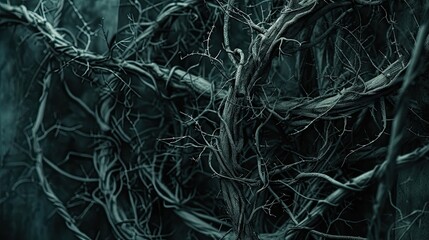 Abstract twisted vines and thorns entangled in darkness. Mysterious, eerie, tangled, sinister, creepy, wild, overgrown, shadowy, vegetation. Generated by AI. - obrazy, fototapety, plakaty