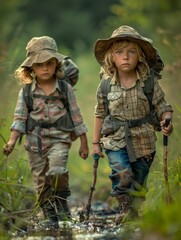 Two Children Walking in the Woods With Backpacks On