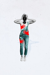 Vertical collage picture of red arms touch body harass black white colors girl painted mess instead...