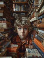 Young Boy Hiding in Bookshelf of Books