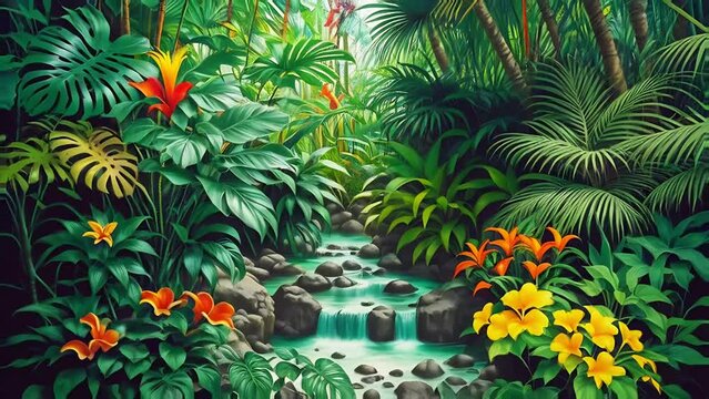 Picturesque jungles, exotic plants, and flowers by the river. Perfect for nature-themed designs, tourism, or advertising exotic destinations.