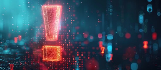 Futuristic exclamation mark with glowing glitter particles background. AI generated image