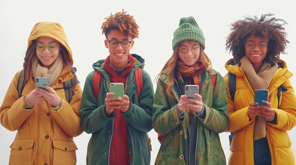 Multiethnic group of friends interacting with their smartphones. Lifestyle and digital generation,generative ai