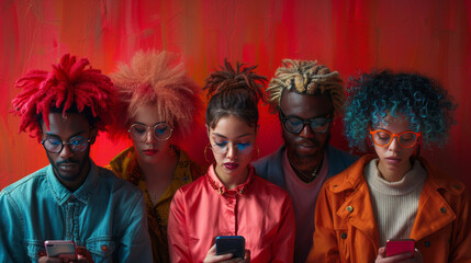 Multiethnic group of friends interacting with their smartphones. Lifestyle and digital generation,generative ai