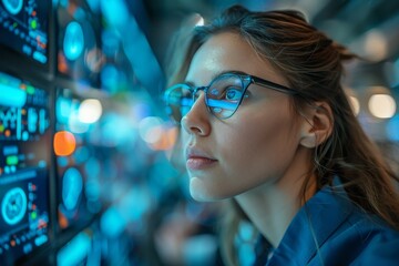 Woman Wearing Glasses Looking at Display