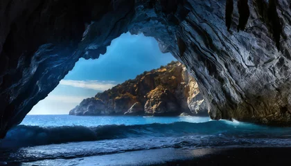 Fotobehang Beautiful seascape with blue sea and big wave in the cave © Arda ALTAY