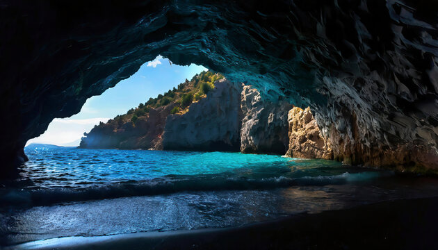 Beautiful seascape with blue sea and big wave in the cave