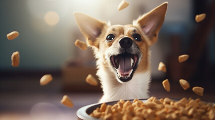 cute happy dog enjoys dry food, cheerful dog - obrazy, fototapety, plakaty
