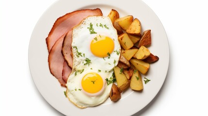 poached egg with Canadian bacon and home fries