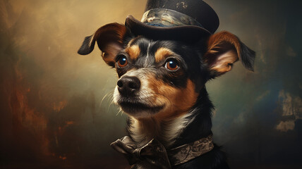 portrait of a cute dog in a classic hat, vintage look - obrazy, fototapety, plakaty