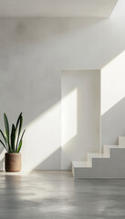 white interior room with plant and stairs in the background